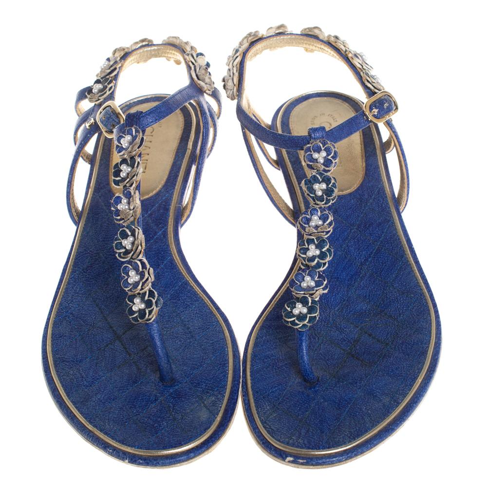 Chanel Blue Leather Floral Embellishment Flat Thong Sandals Size 37.5 at  1stDibs