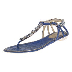 Chanel Blue Leather Floral Embellishment Flat Thong Sandals Size 37.5
