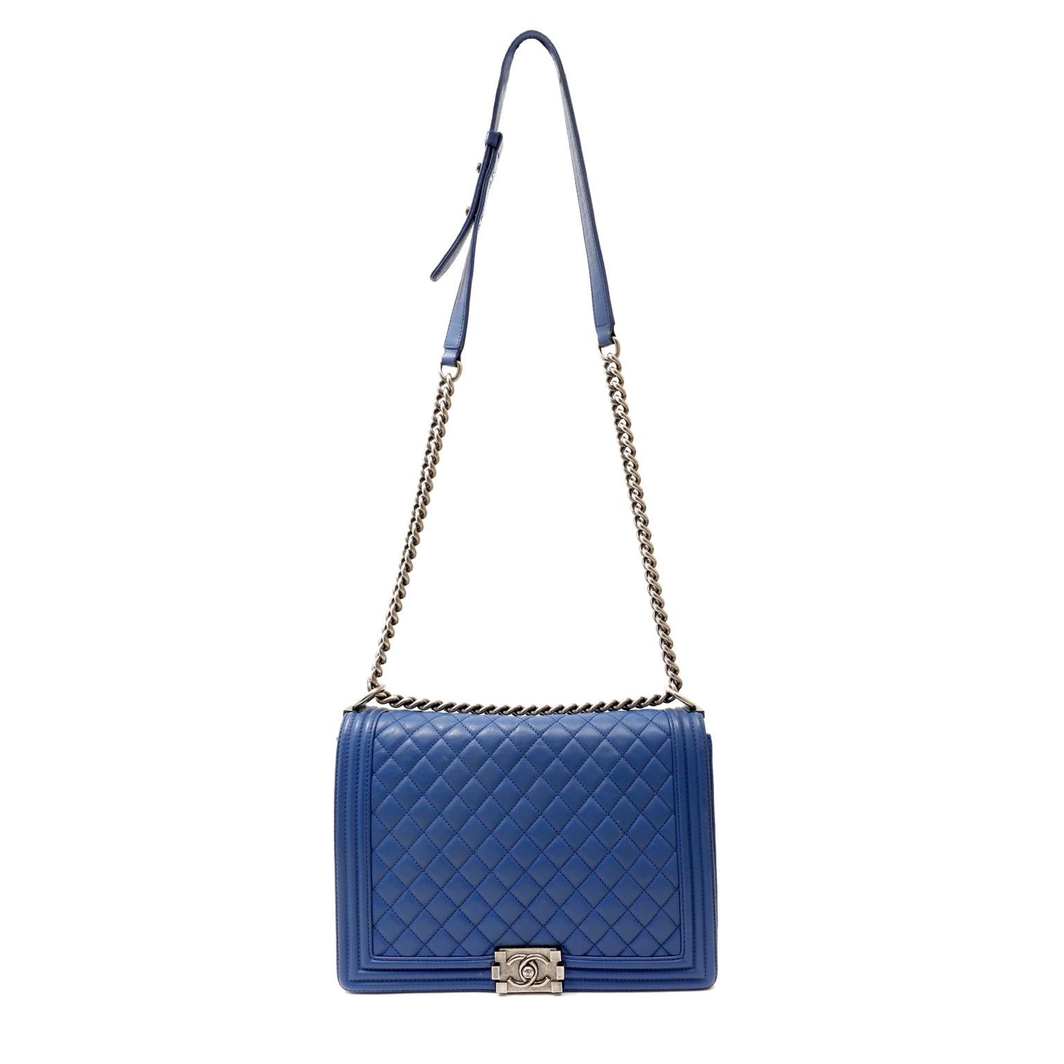 Chanel Blue Leather Large Boy Bag In Excellent Condition In Palm Beach, FL