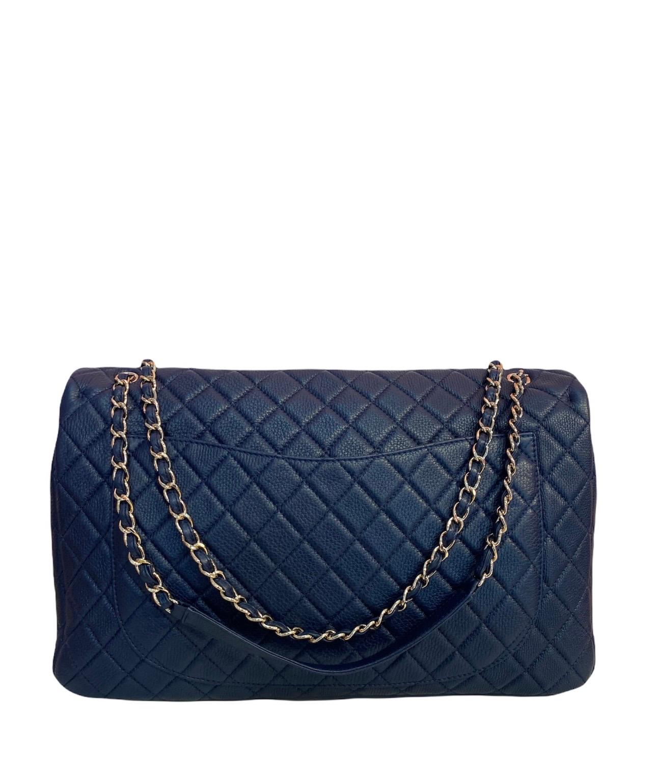 Black Chanel Blue Leather Maxi Jumbo XXL Bag