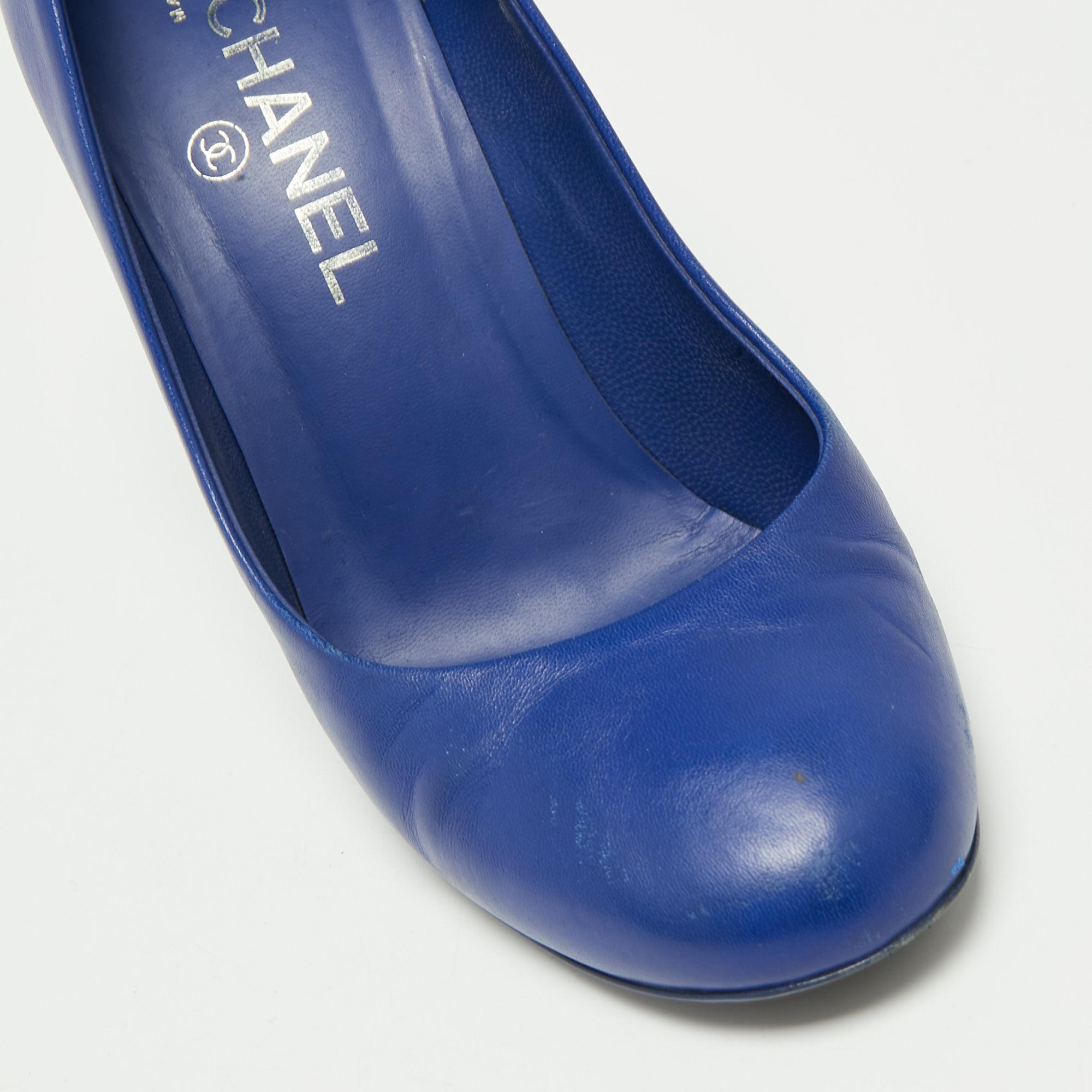 Chanel Blue Leather Round Toe Block Heel Pumps Size 38 2