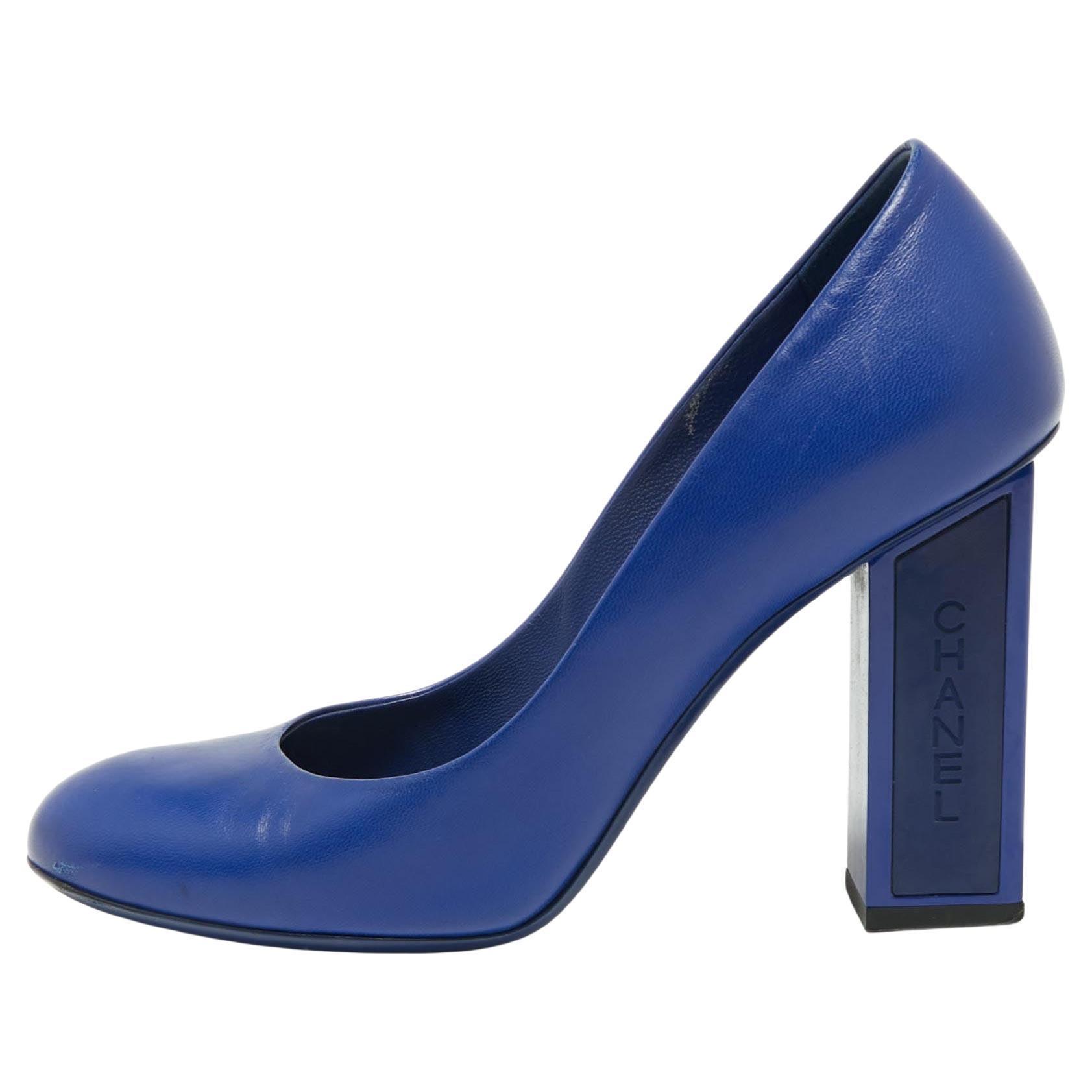 Chanel Blue Leather Round Toe Block Heel Pumps Size 38