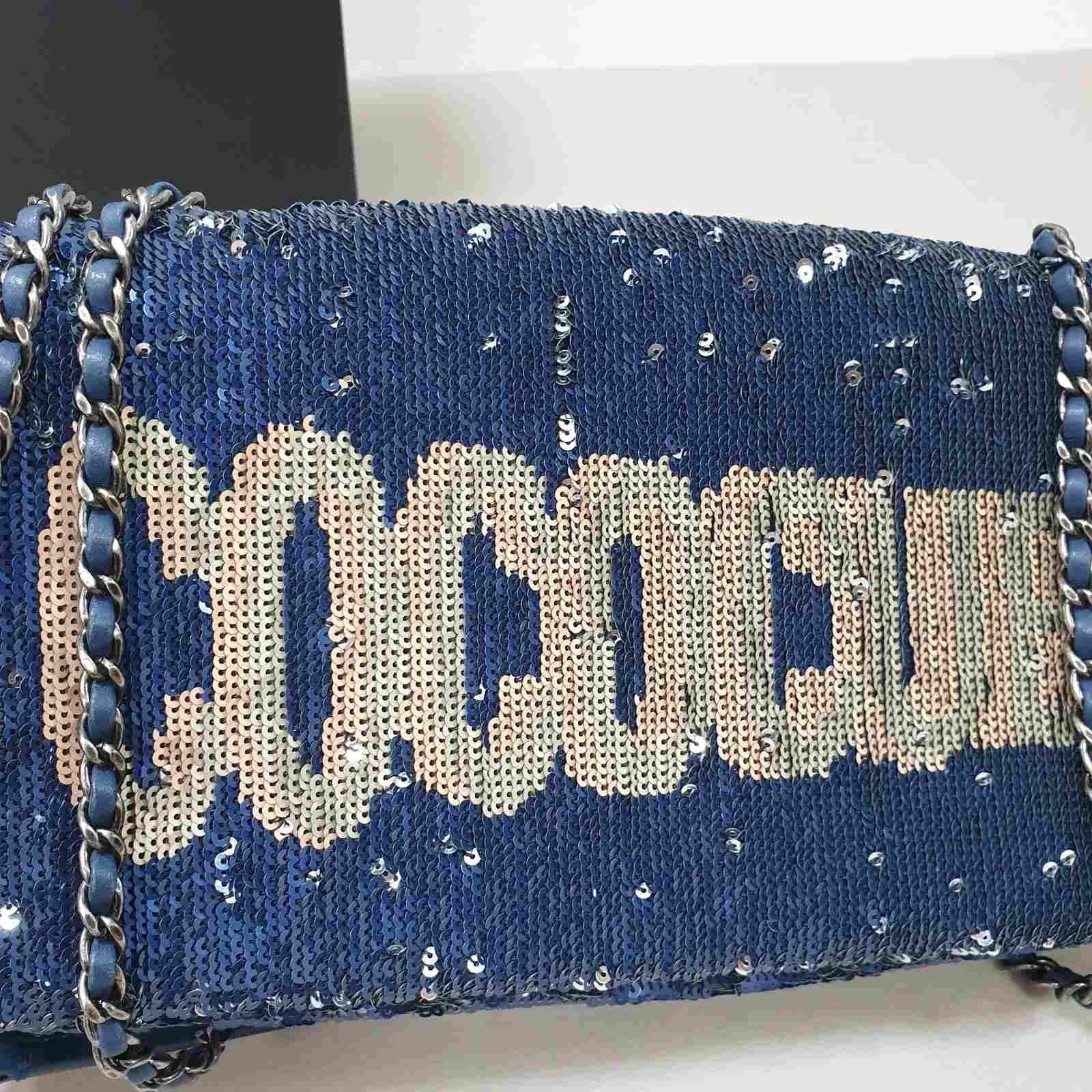Chanel - (Made in Italy) Blue leather sequinned bag.
 Silvery metal elements. 
2017 Resort Collection.
28*15*5 cm
Handle: 138 cm
Like new condition
No box. No dust bag