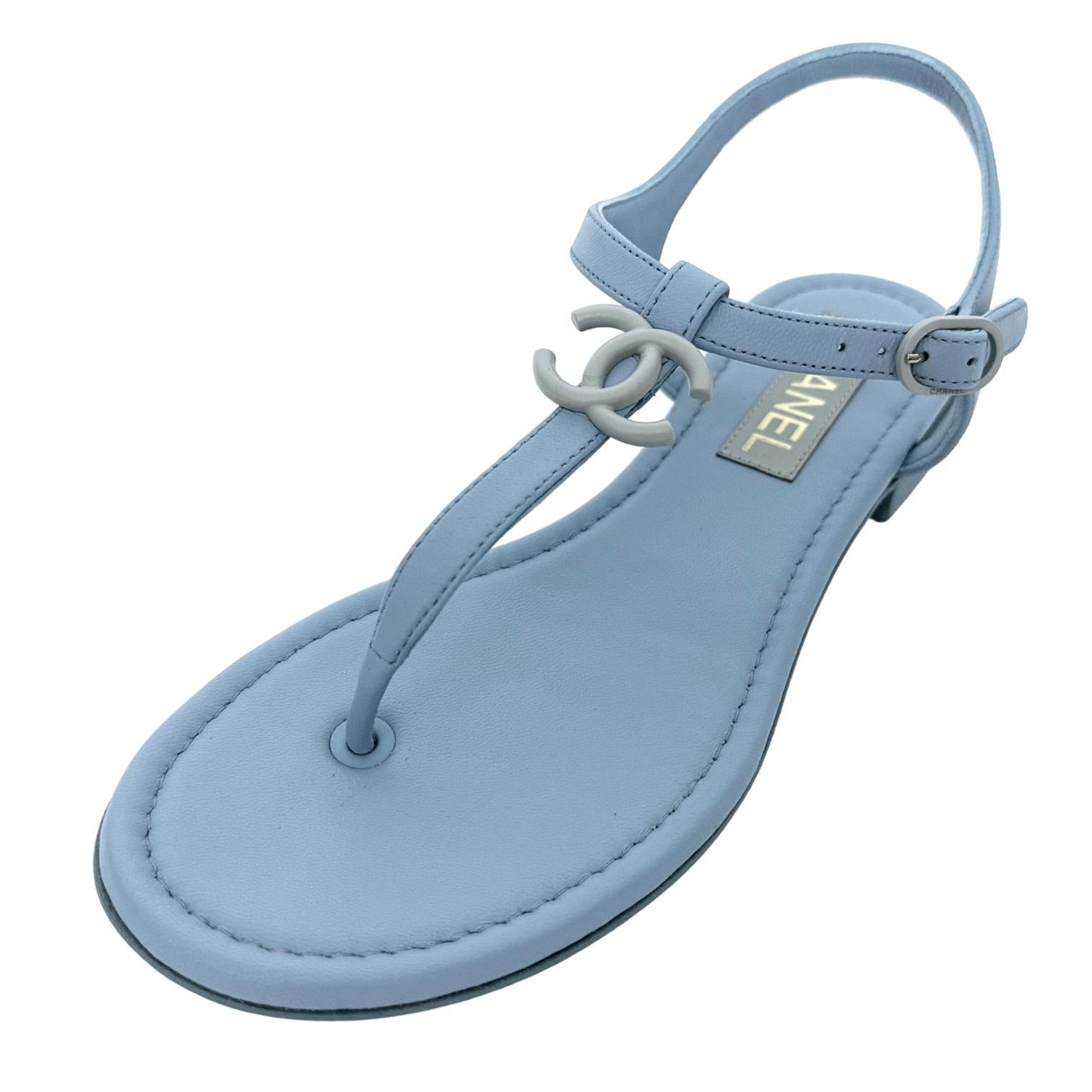 Women's CHANEL Blue Leather Thong Sandals CC Logo Ankle Strap Silver Buckle Sz 38 NEW