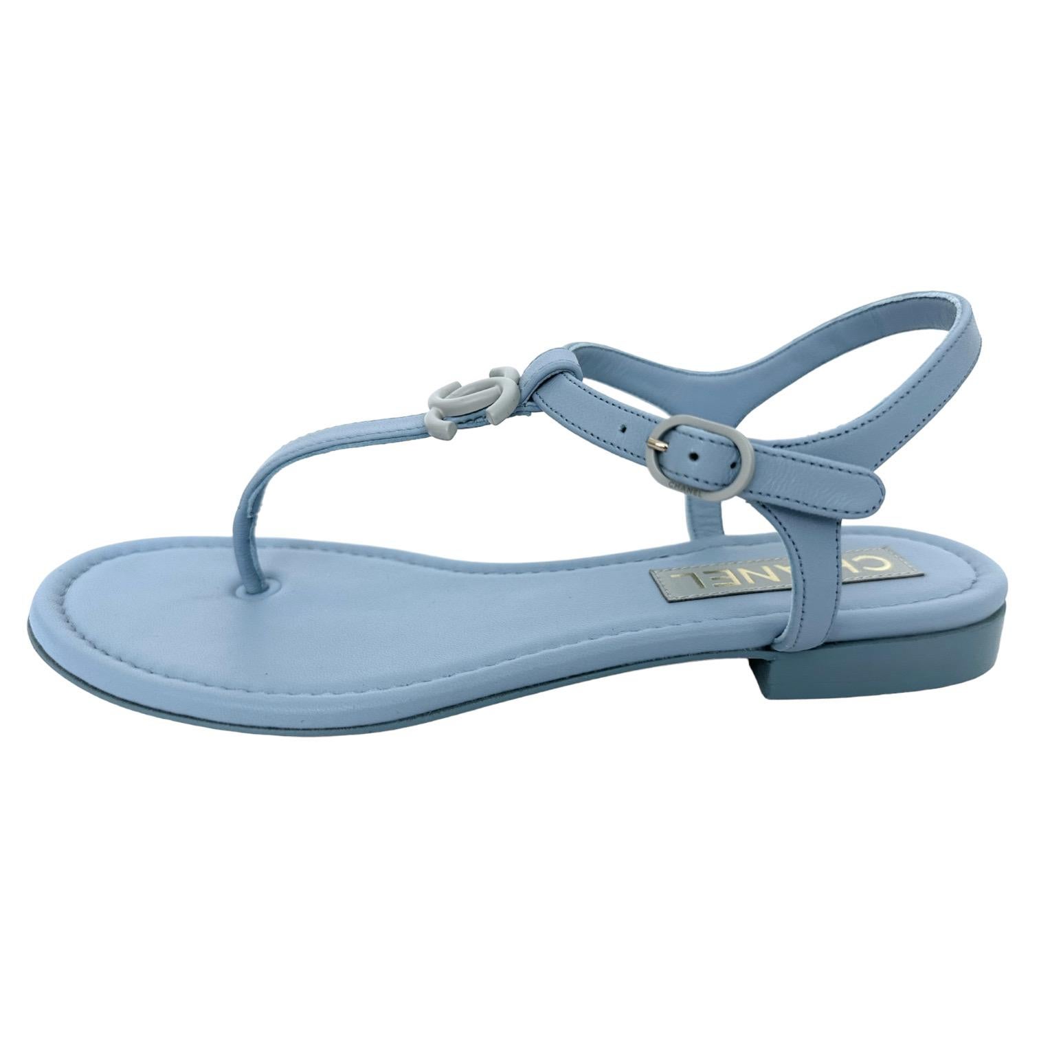 CHANEL Blue Leather Thong Sandals CC Logo Ankle Strap Silver Buckle Sz 38 NEW 1