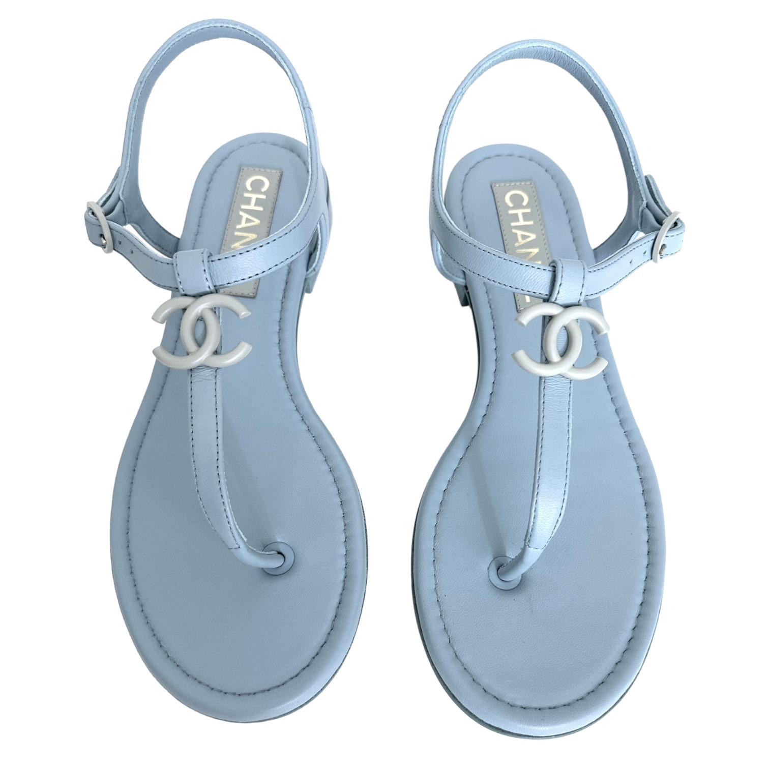 CHANEL Blue Leather Thong Sandals CC Logo Ankle Strap Silver Buckle Sz 38 NEW 2