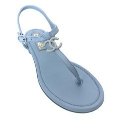 CHANEL Blue Leather Thong Sandals CC Logo Ankle Strap Silver Buckle Sz 38 NEW