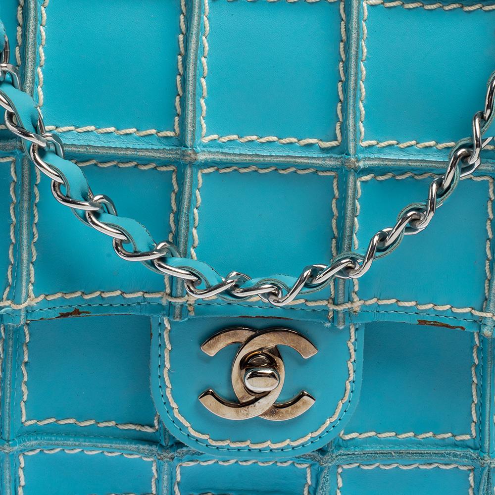 Chanel Blau Leder Vintage Reverse Stitch Flap Tasche 8