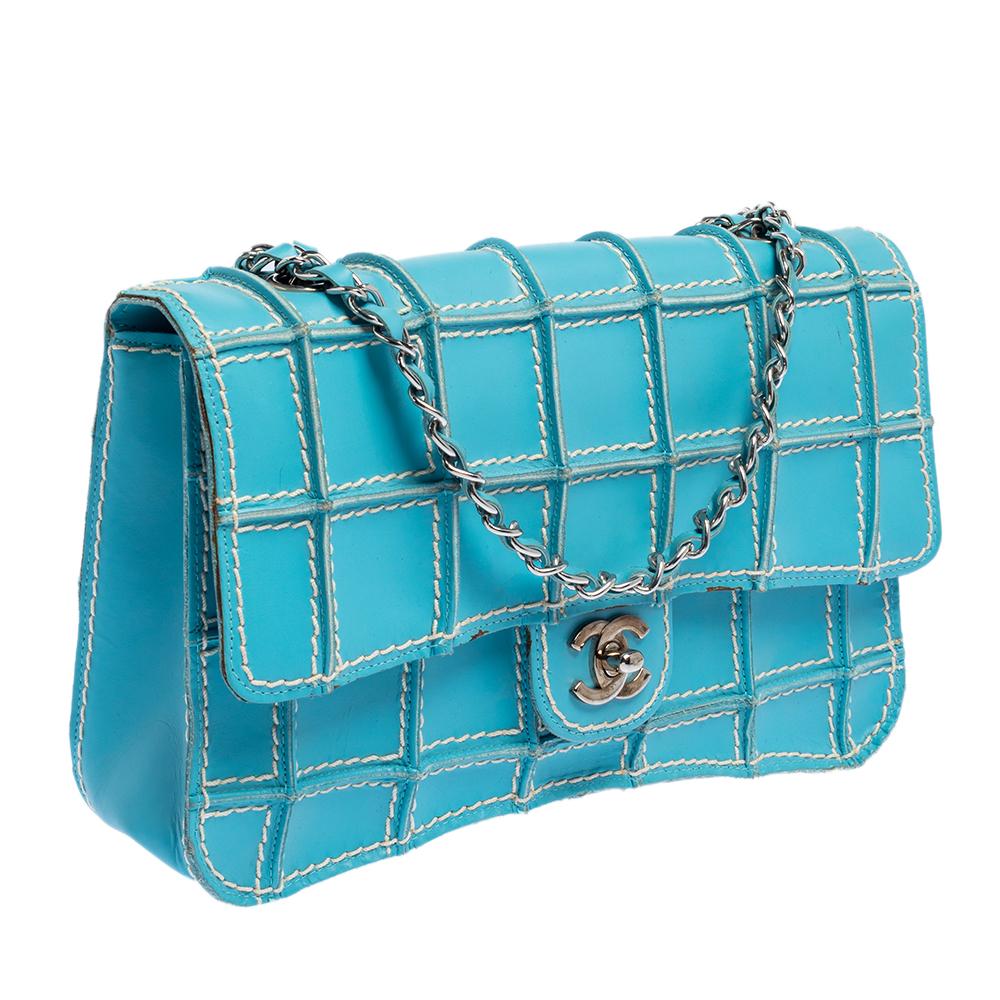 Chanel Blau Leder Vintage Reverse Stitch Flap Tasche Damen