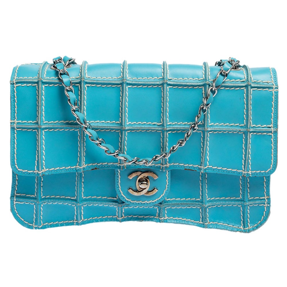 Chanel Blau Leder Vintage Reverse Stitch Flap Tasche