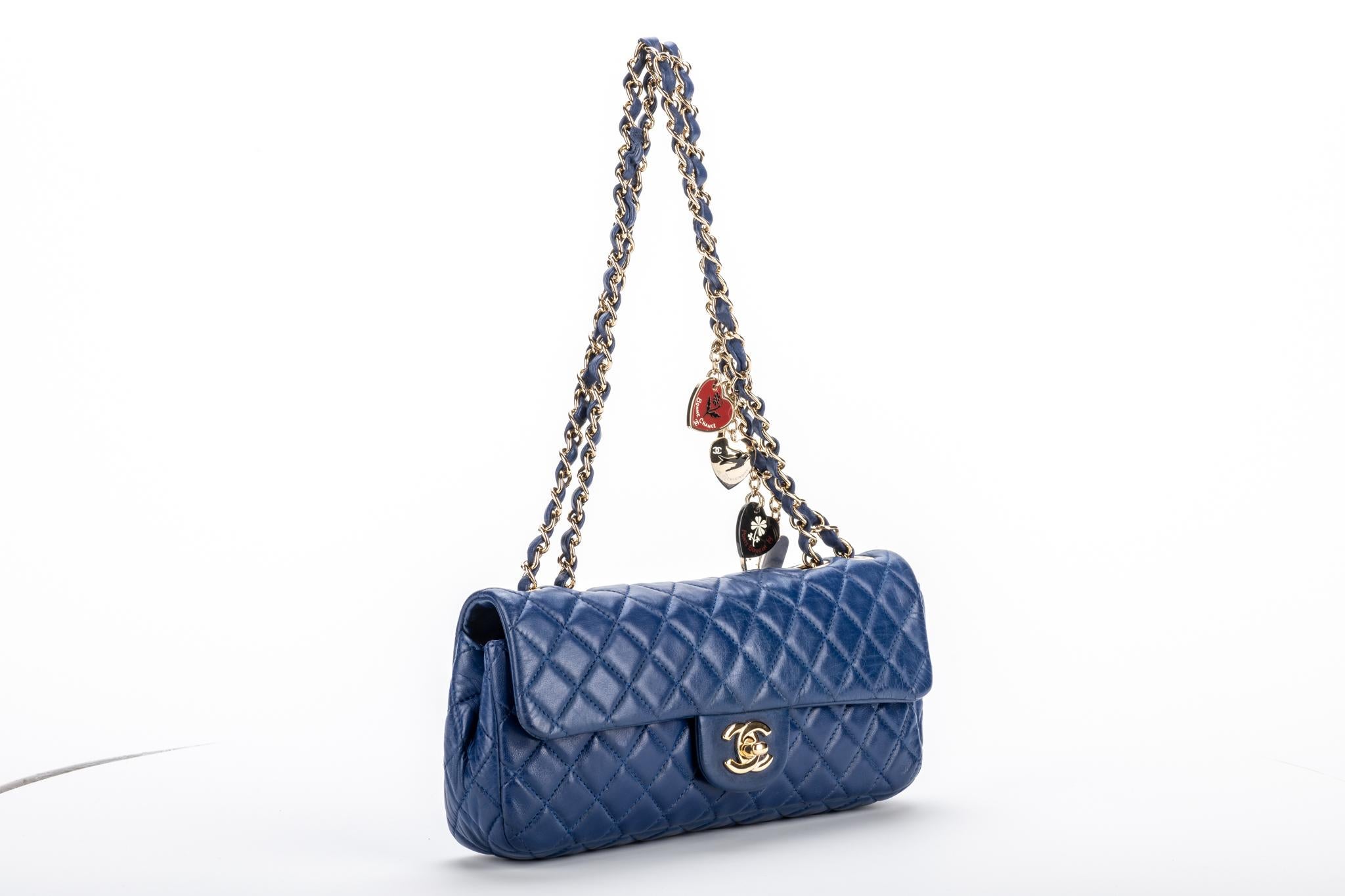 Chanel limited edition blue lambskin single flap with heart charms. Shoulder drop 9.5