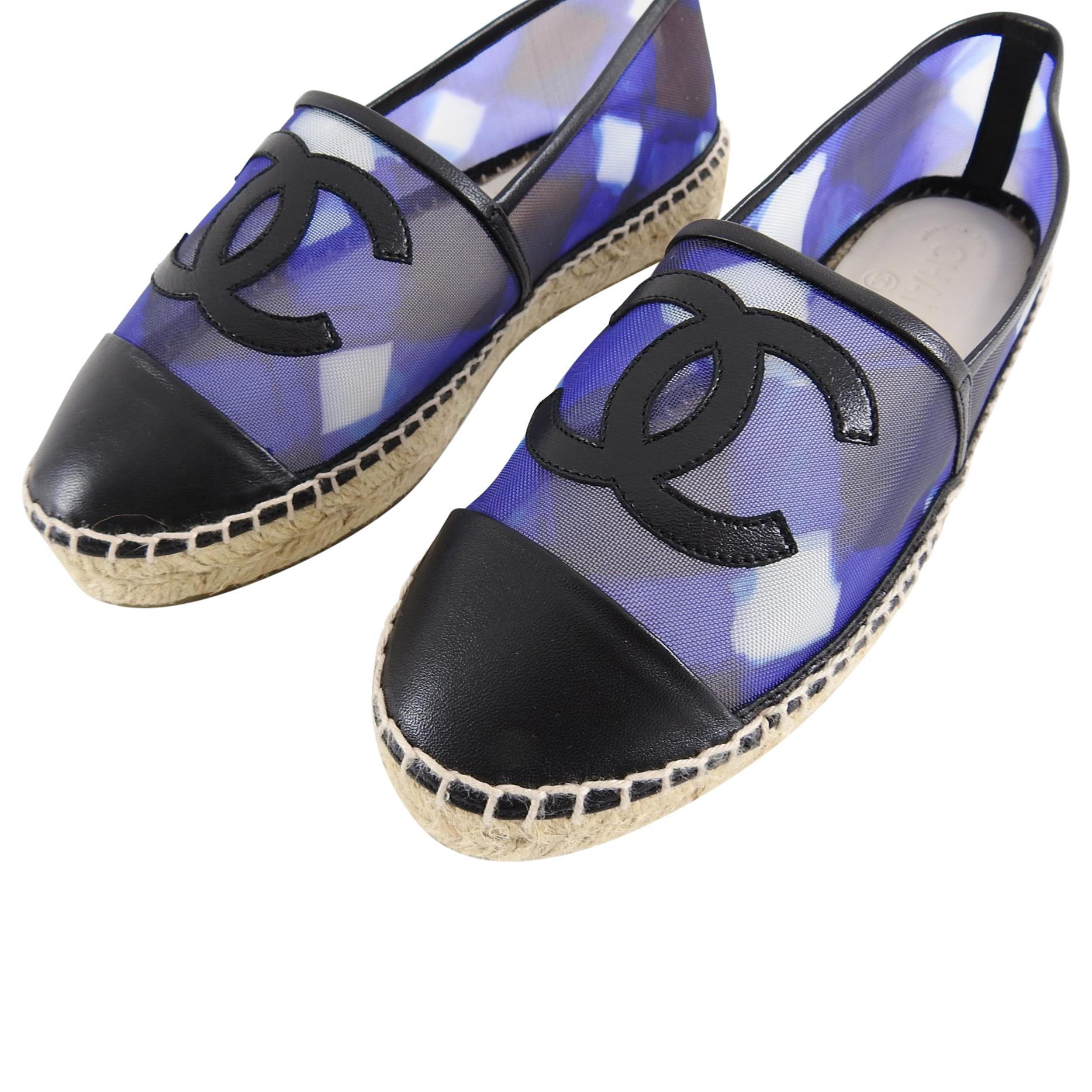 Gray Chanel Blue Mesh and Black Leather CC Espadrille Flats - 36.5