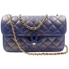 Chanel Blue Metallic Gold-Tone Metal Calfskin 
Lambskin Small Flap Bag A57275