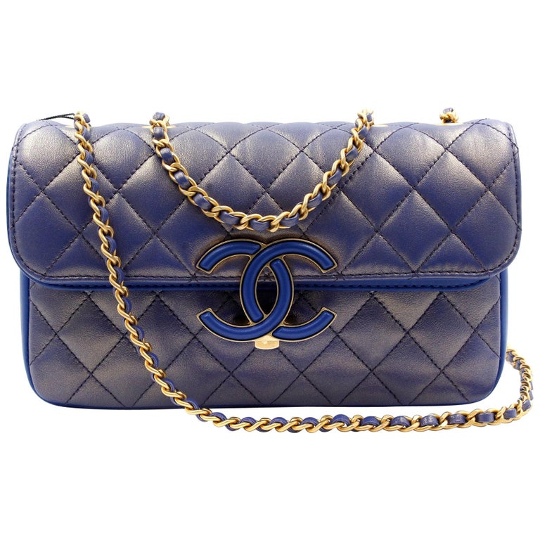 Chanel Blue Metallic Gold-Tone Metal Calfskin and Lambskin Small Flap Bag  A57275 at 1stDibs