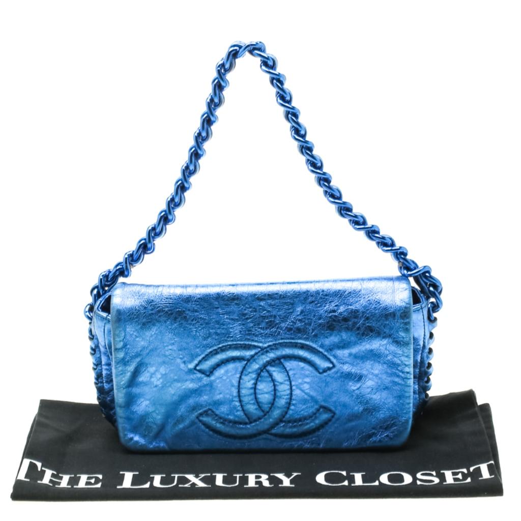 Chanel Blue Metallic Leather Modern Chain Flap Shoulder Bag 8