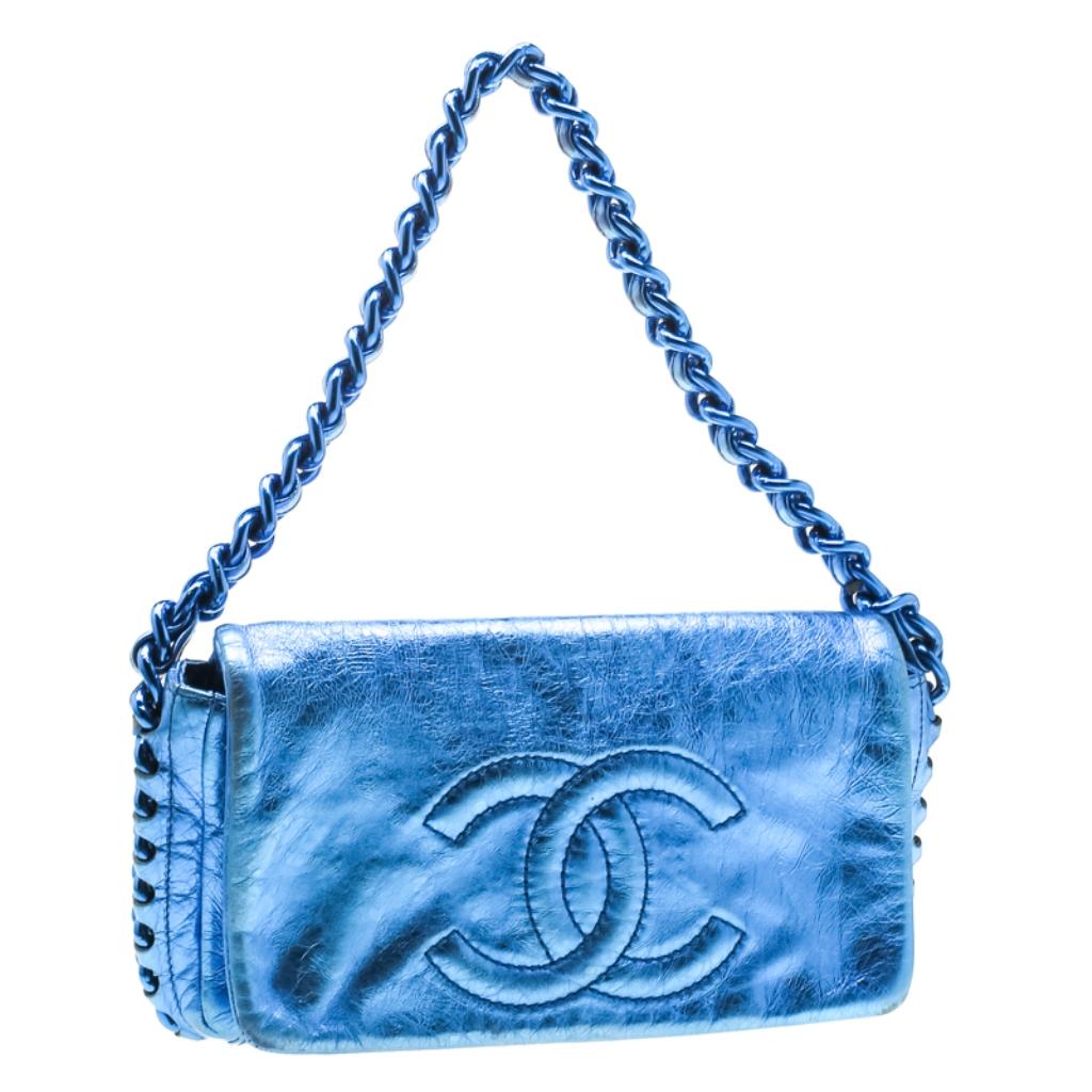 Women's Chanel Blue Metallic Leather Modern Chain Flap Shoulder Bag