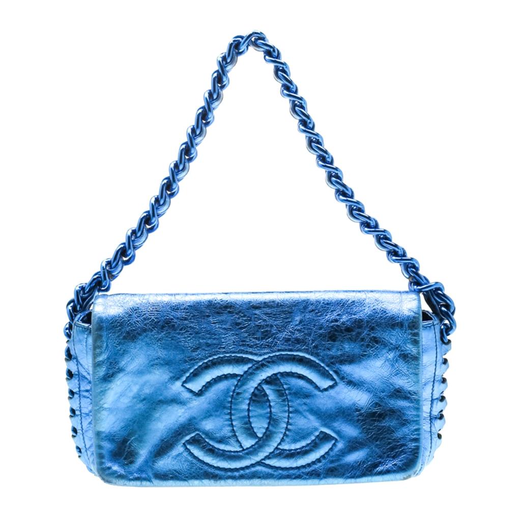 Chanel Blue Metallic Leather Modern Chain Flap Shoulder Bag