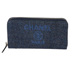 Chanel Blue Metallic Lurex Canvas Deauville Zip Around Wallet