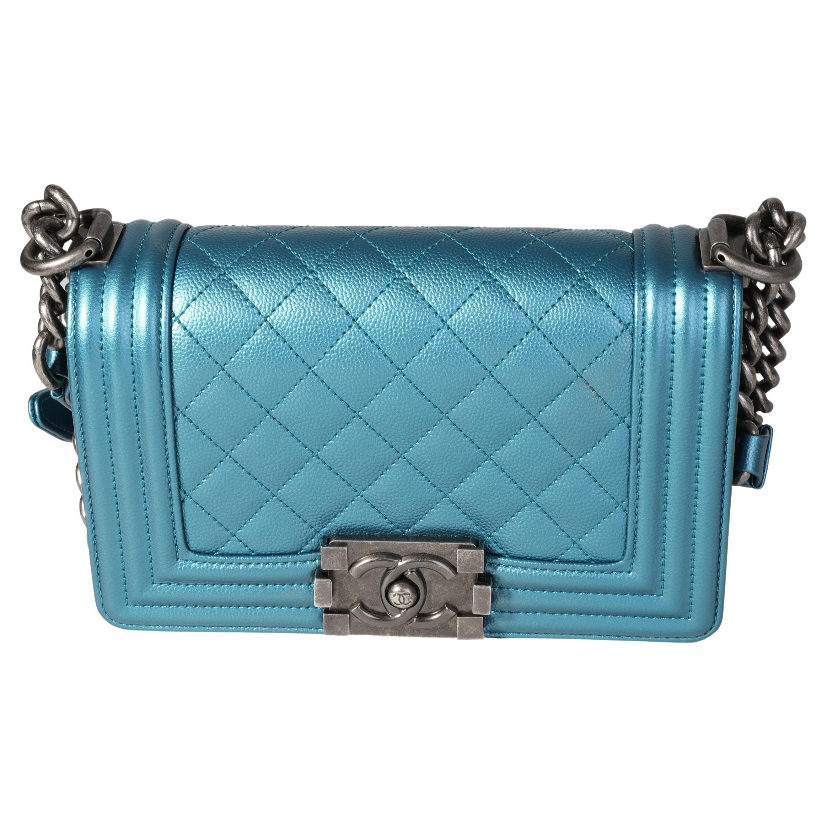 Chanel Blue Metallic Quilted Caviar Small Boy Bag For Sale at 1stDibs