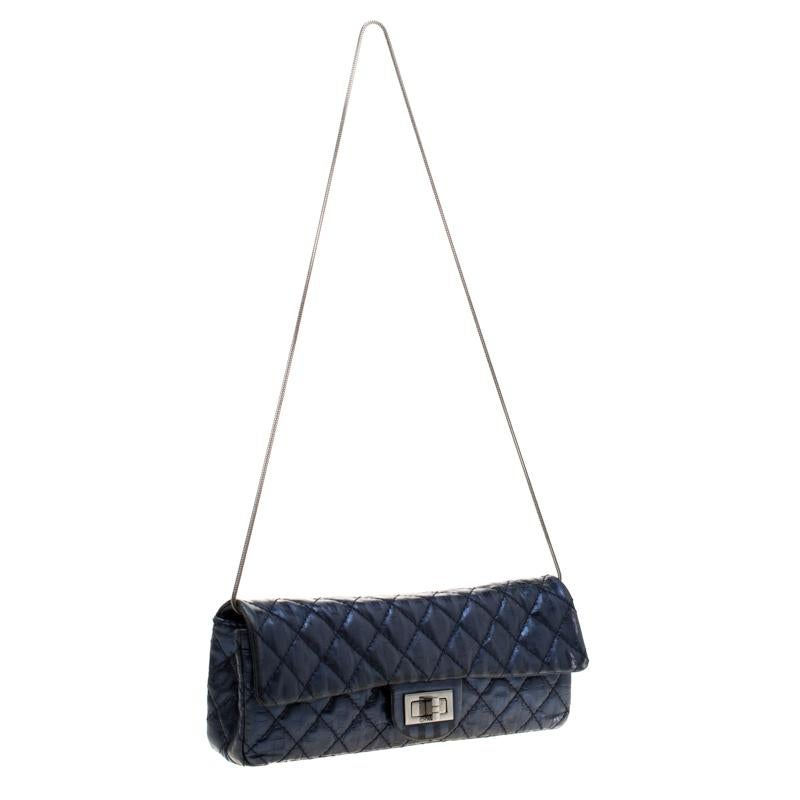 Chanel Blue Metallic Quilted Leather Mademoiselle Lock Clutch In Fair Condition In Dubai, Al Qouz 2