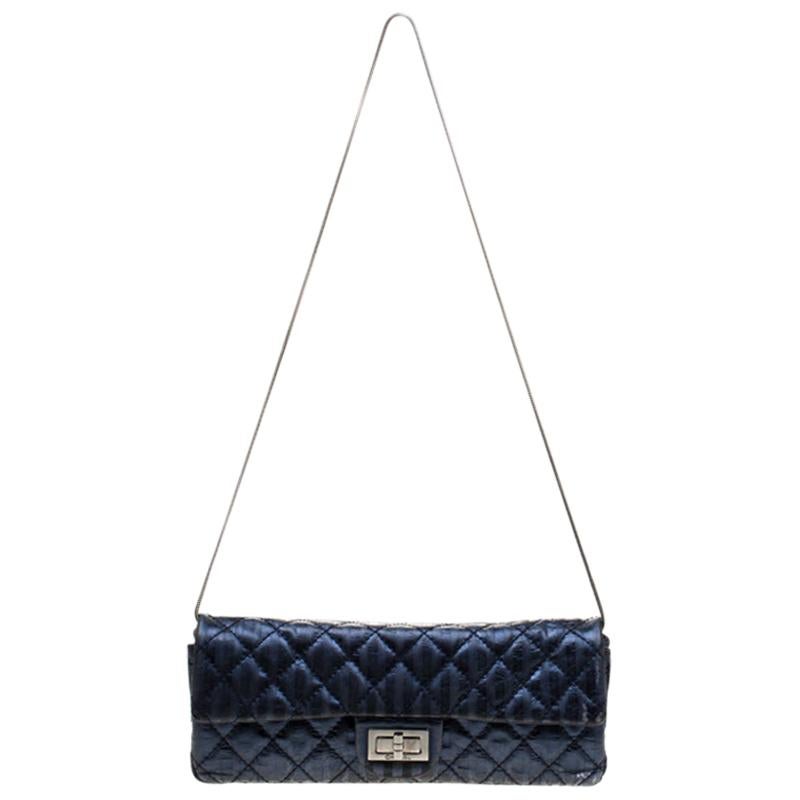 Chanel Blue Metallic Quilted Leather Mademoiselle Lock Clutch