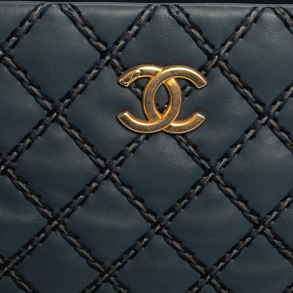 Chanel Blue Metallic Stitch Leather Tote 3