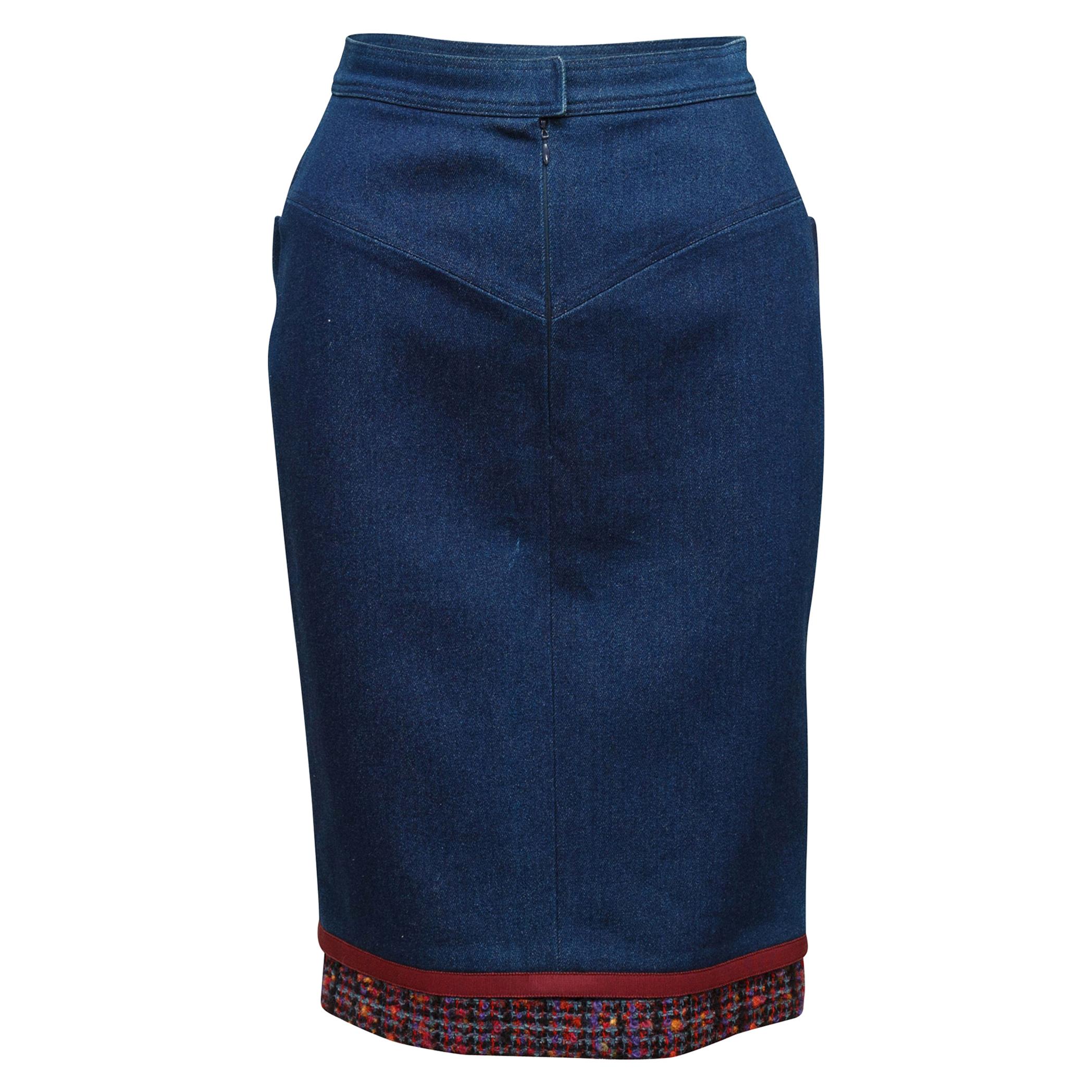 Chanel Blue and Multicolor 1991 Denim Tweed-Trimmed Skirt For Sale at ...