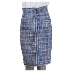 CHANEL blue & multicolor cotton 2009 FRONT ZIP HIGH WAISTED TWEED Skirt 38 S