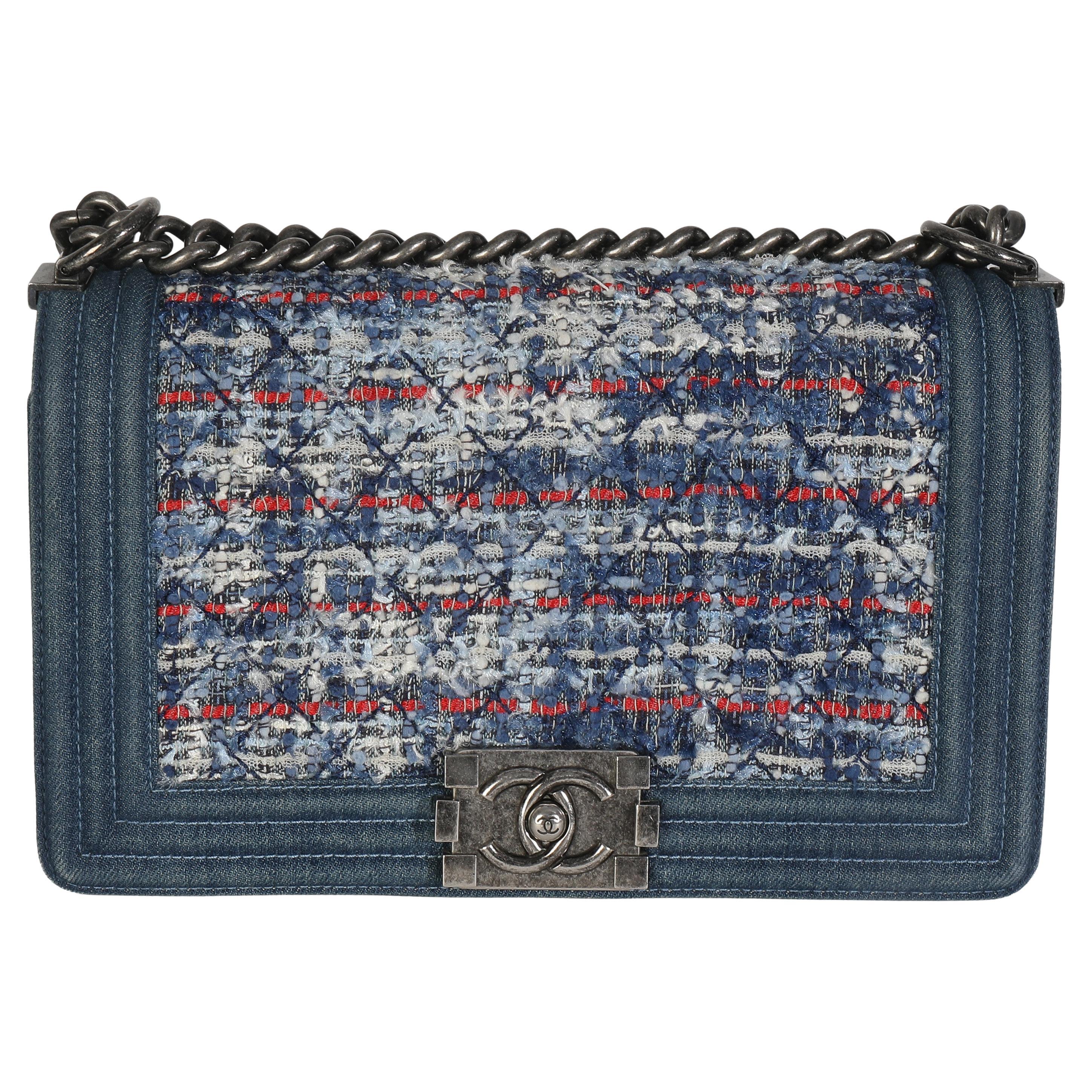 Chanel Blue Multicolor Denim Quilted Tweed Old Medium Boy Bag