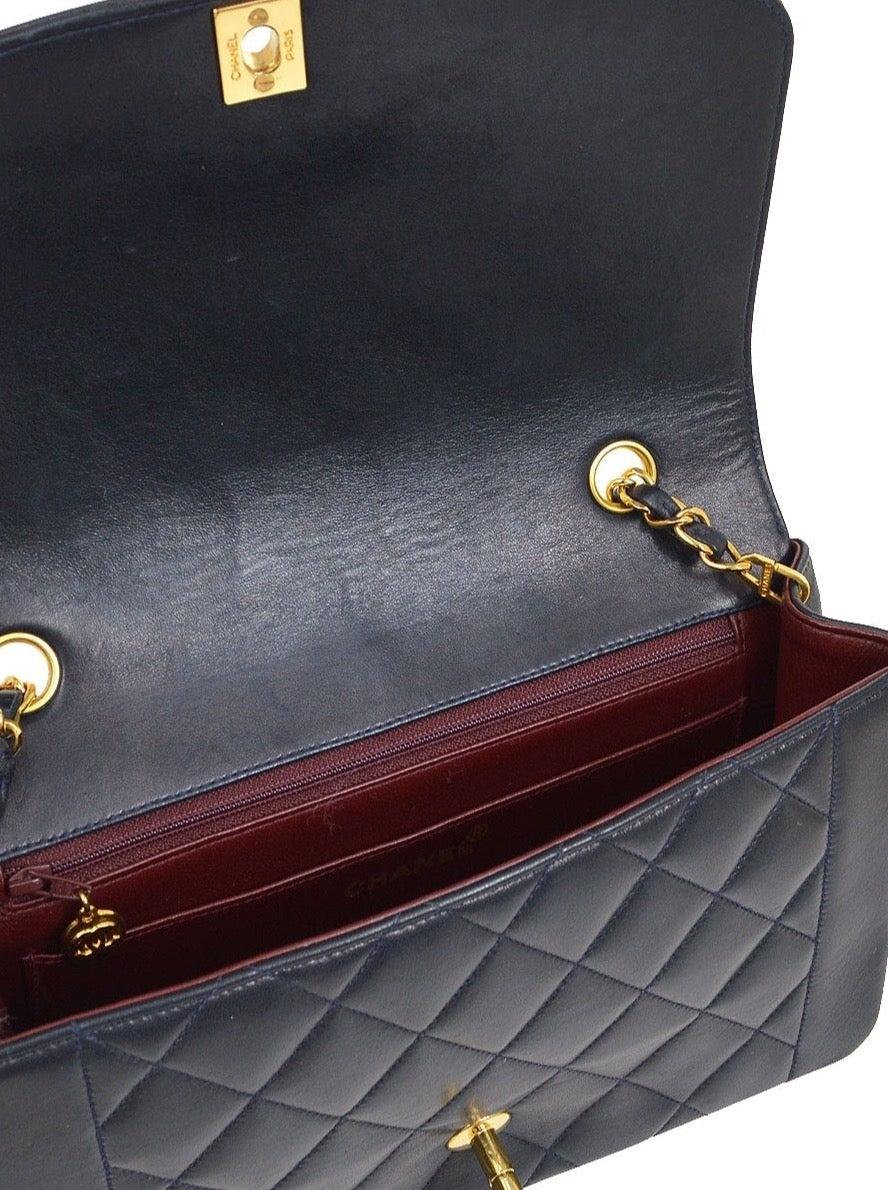 Black CHANEL Blue Navy Diana Lambskin Leather 24K Gold Hardware Shoulder Flap Bag