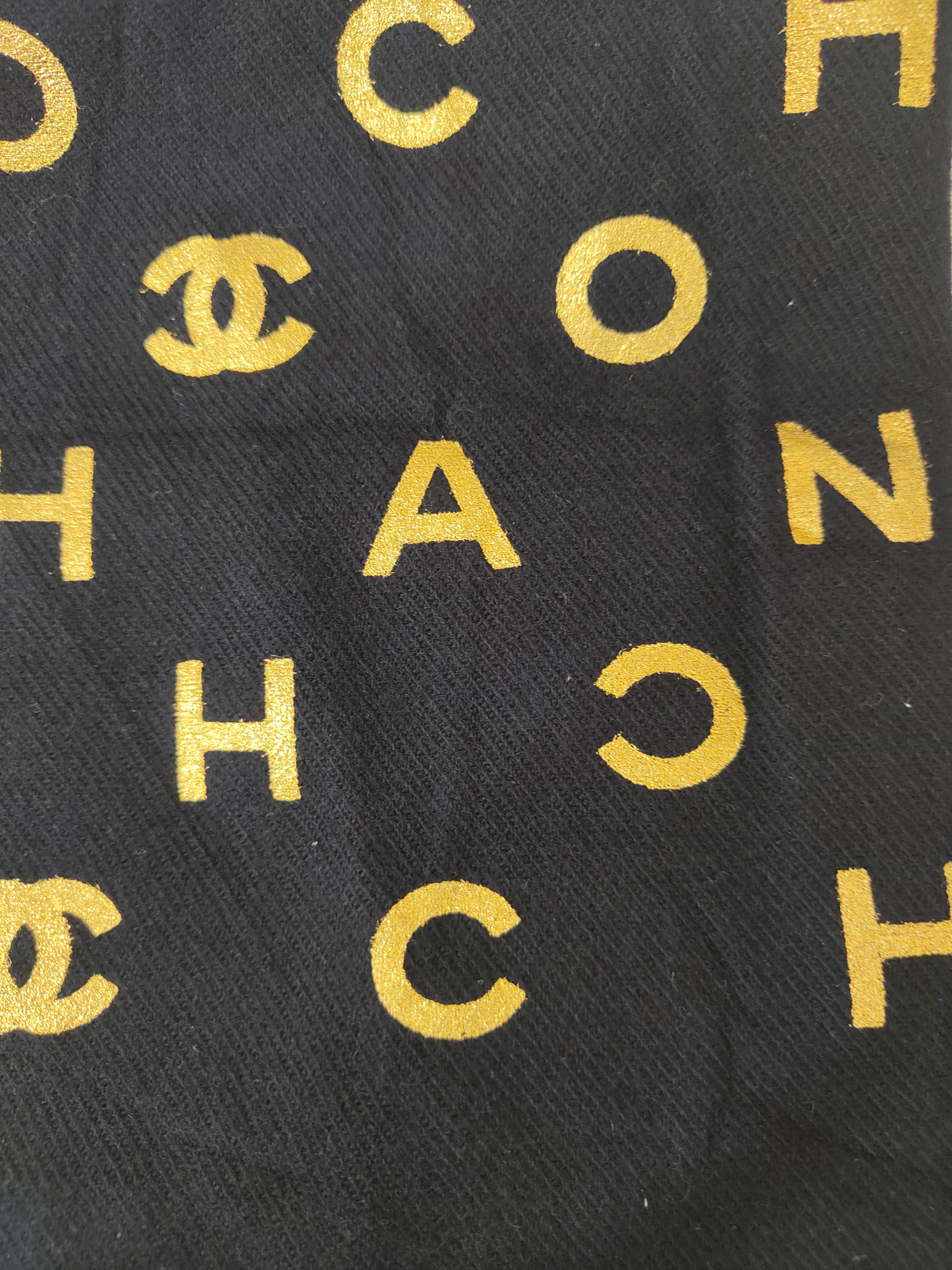 Black Chanel blue navy gold lettering scarf