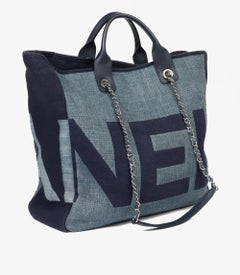 Chanel Blue & Navy Logo Printed Raffia Large Deauville Tote