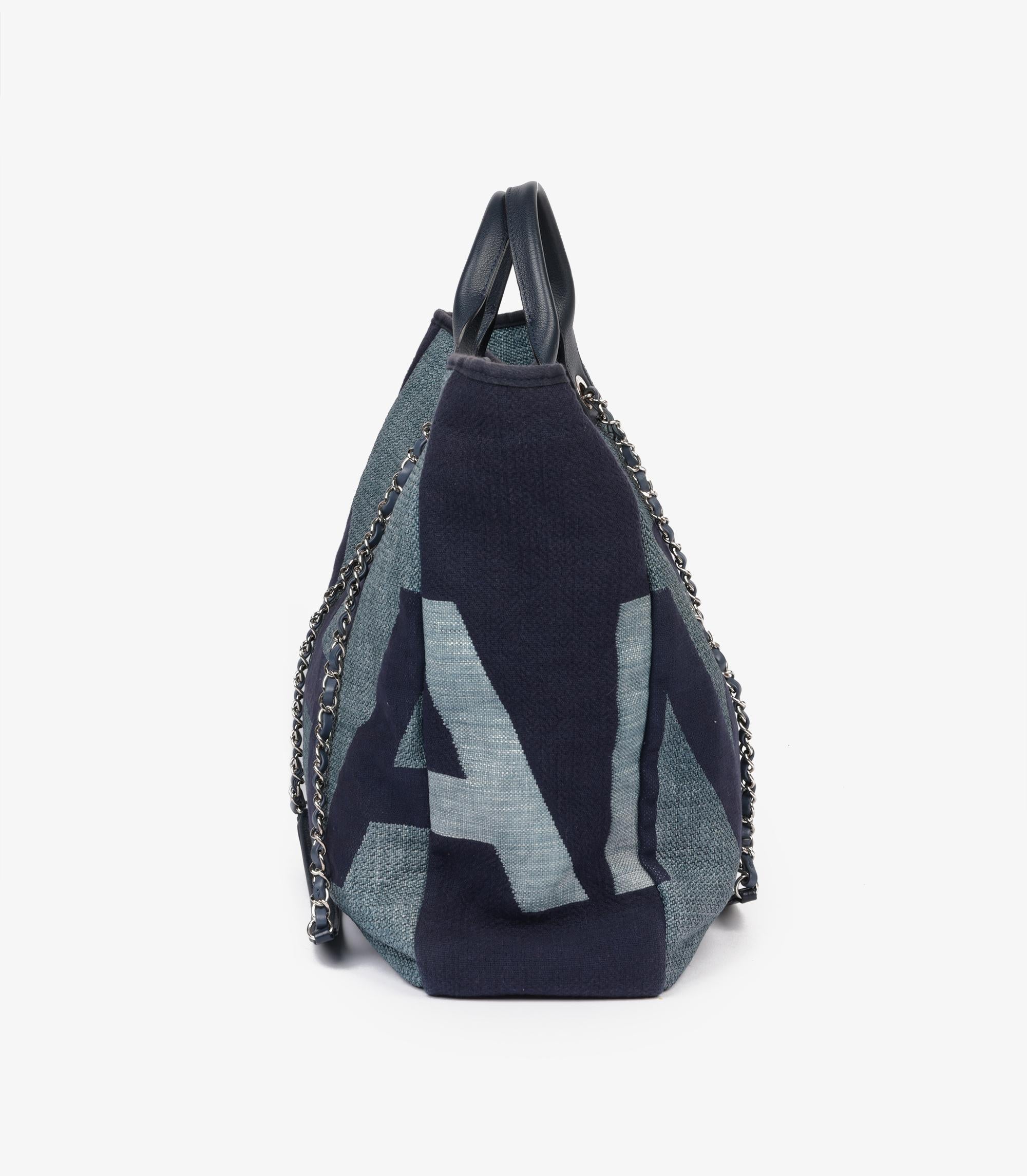 Women's or Men's Chanel Blue & Navy Logo Printed Raffia Large Deauville Tote For Sale
