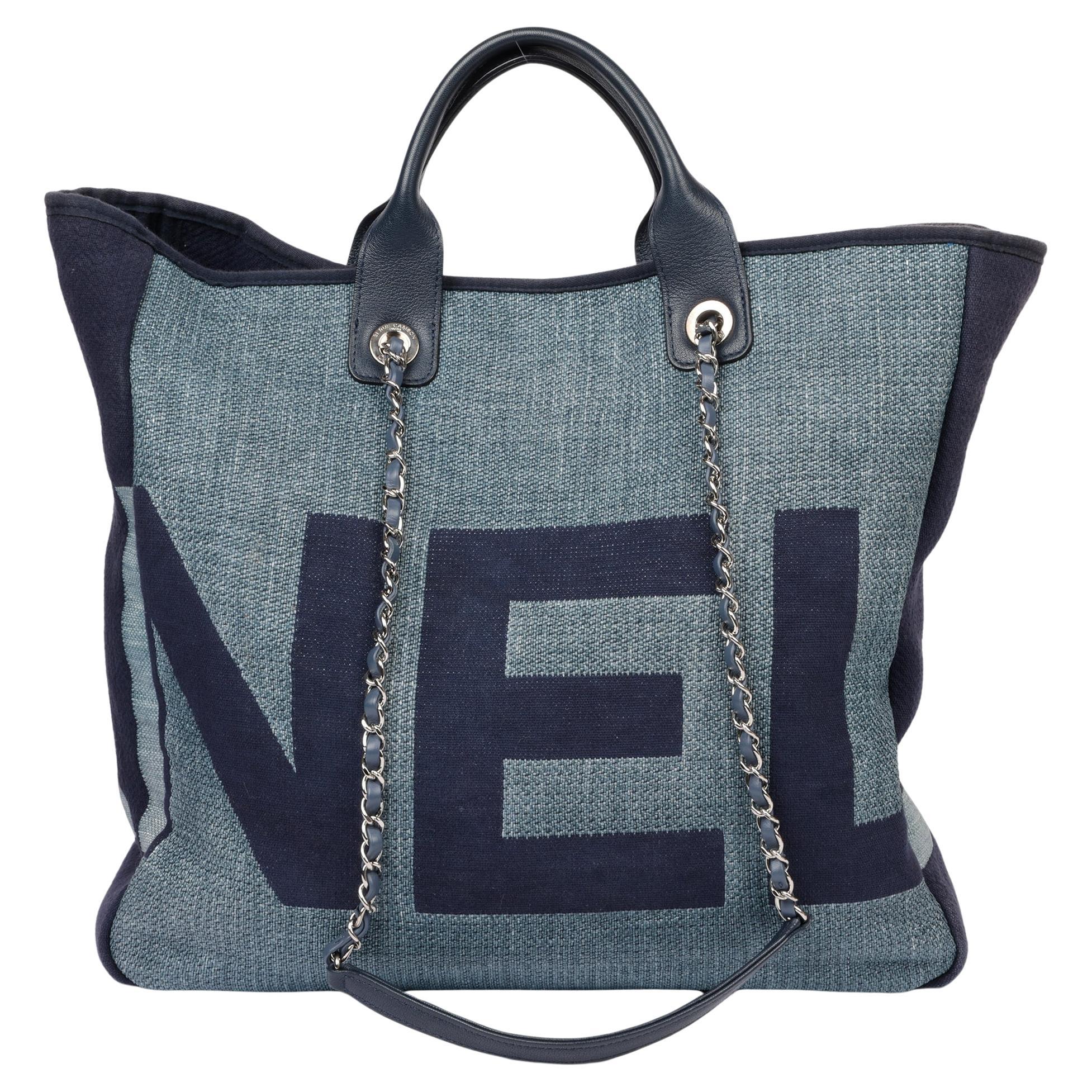 Chanel Blue & Navy Logo Printed Raffia Large Deauville Tote For Sale