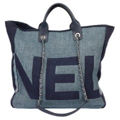 Chanel Blue & Navy Logo Printed Raffia Large Deauville Tote