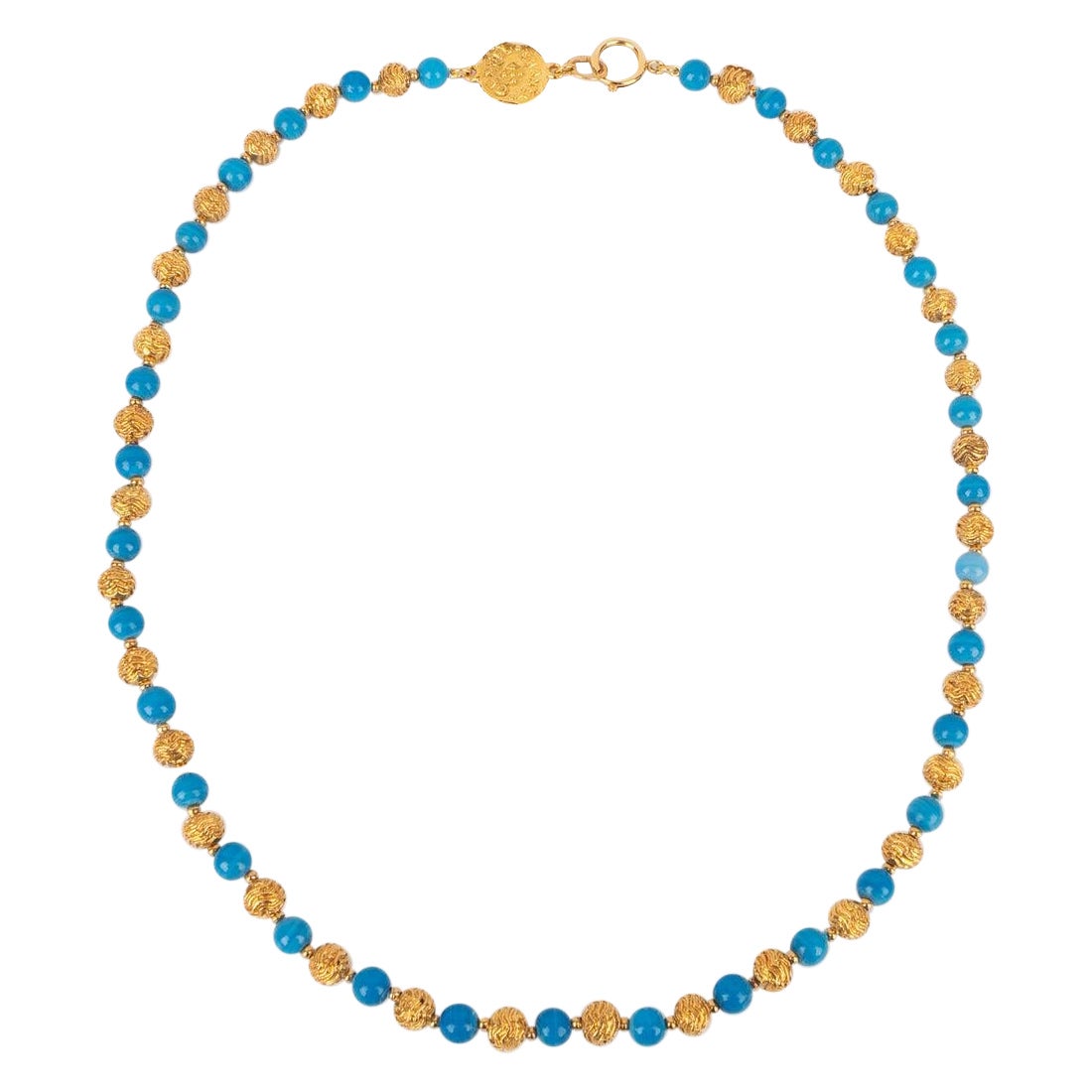 Chanel Blue Necklace in Golden Metal and Blue Glass Pearls, 1980s
