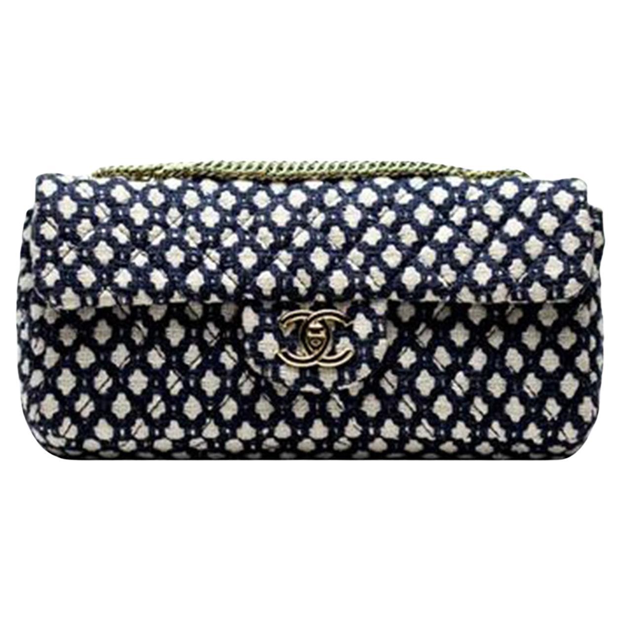 Chanel Blue Off White Spotted Cotton Blend Classic Flap Shoulder Bag For Sale