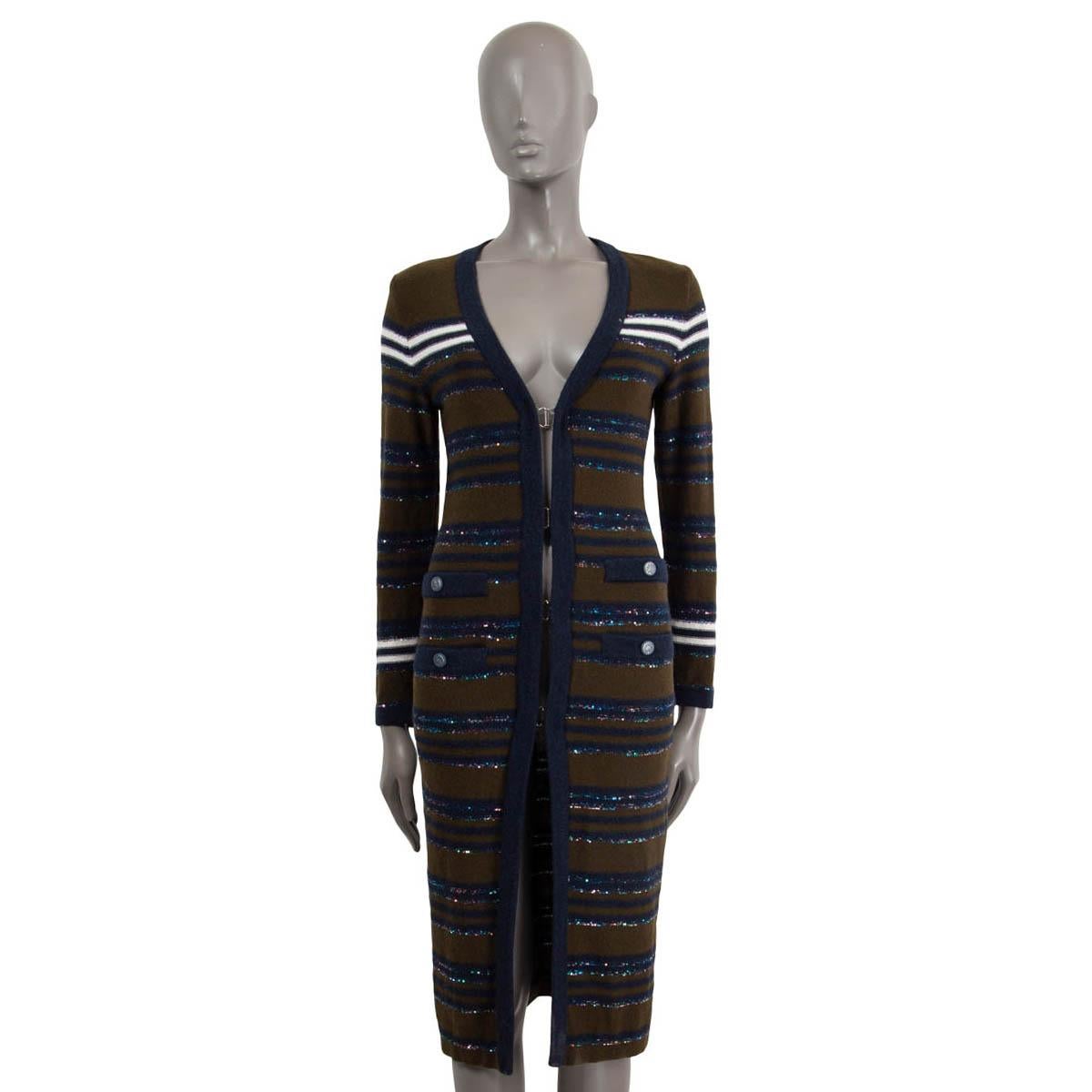 Black CHANEL blue & olive cashmere 2020 20C STRIPED SEQUIN KNIT Coat Jacket 34 XXS For Sale