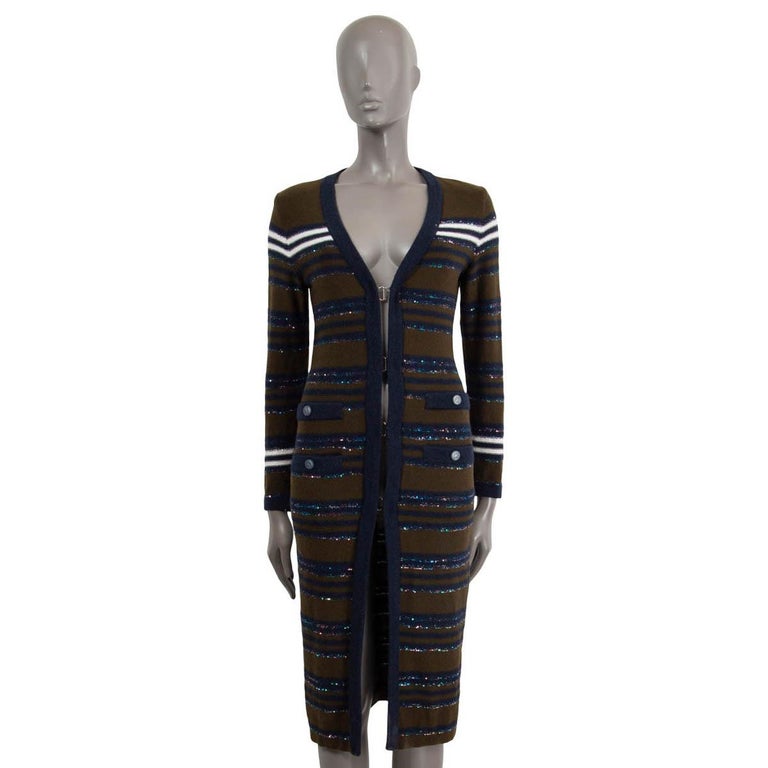 CHANEL blue and olive cashmere 2020 20C STRIPED SEQUIN KNIT Coat Jacket 34  XXS For Sale at 1stDibs