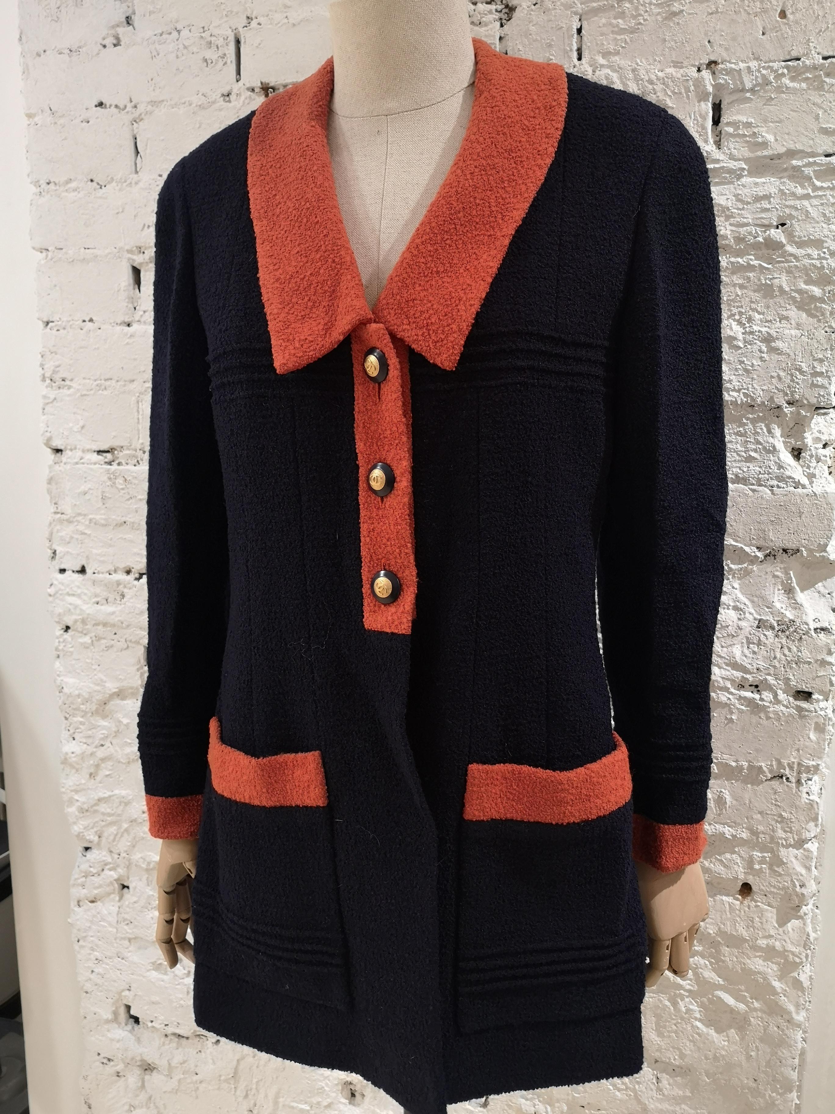 Black Chanel blue orange wool blazer / jacket