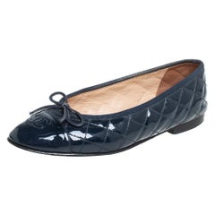 Chanel Blue Patent Leather CC Bow Ballet Flats Size 38.5