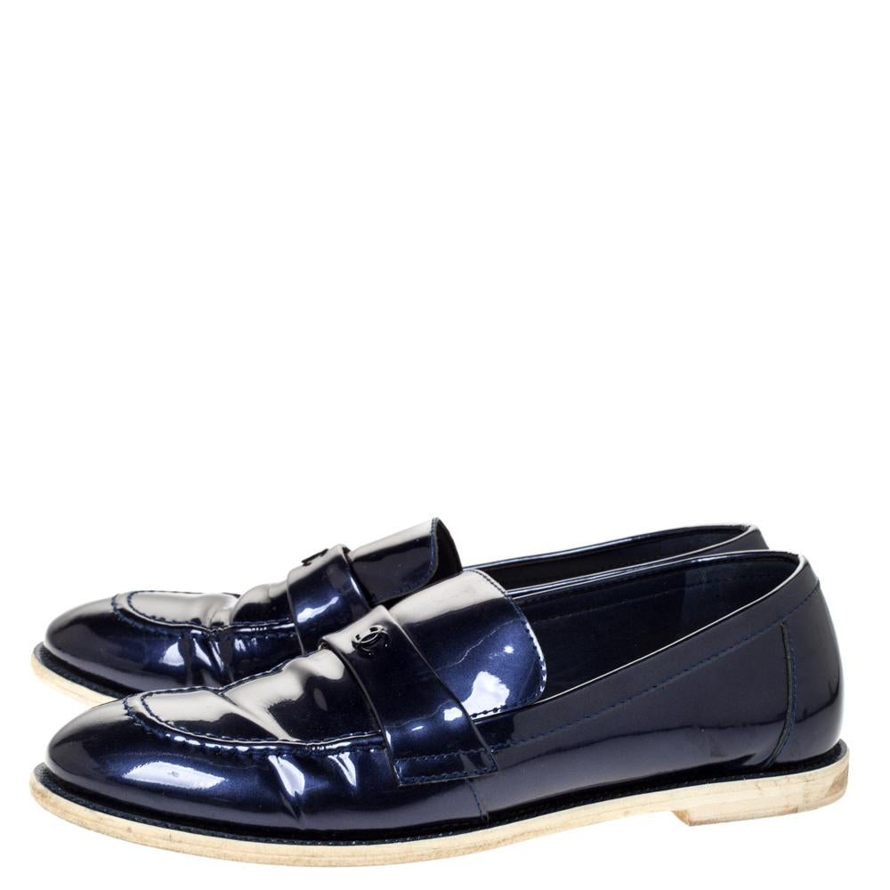 Black Chanel Blue Patent Leather CC Loafer Size 38.5