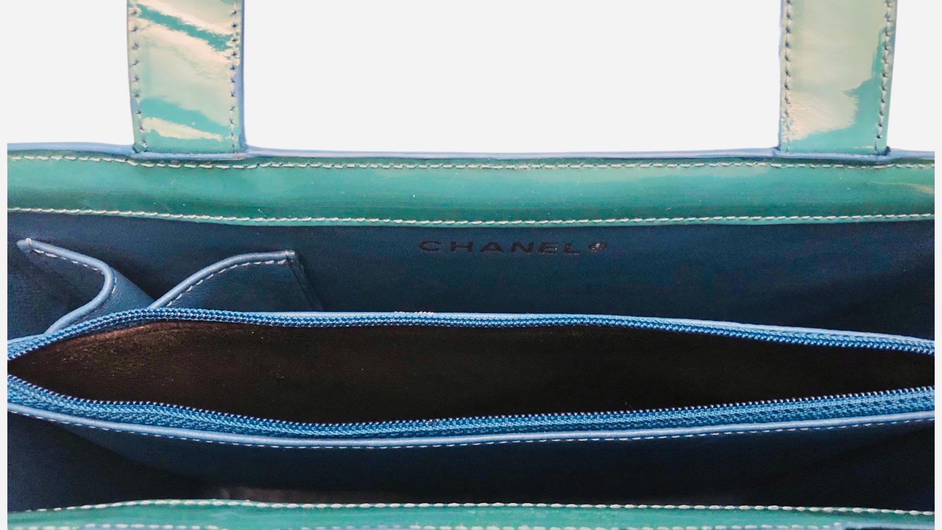 blue patent handbag