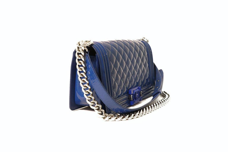 Chanel Blue Patent Leather Plexiglass Boy Bag at 1stDibs