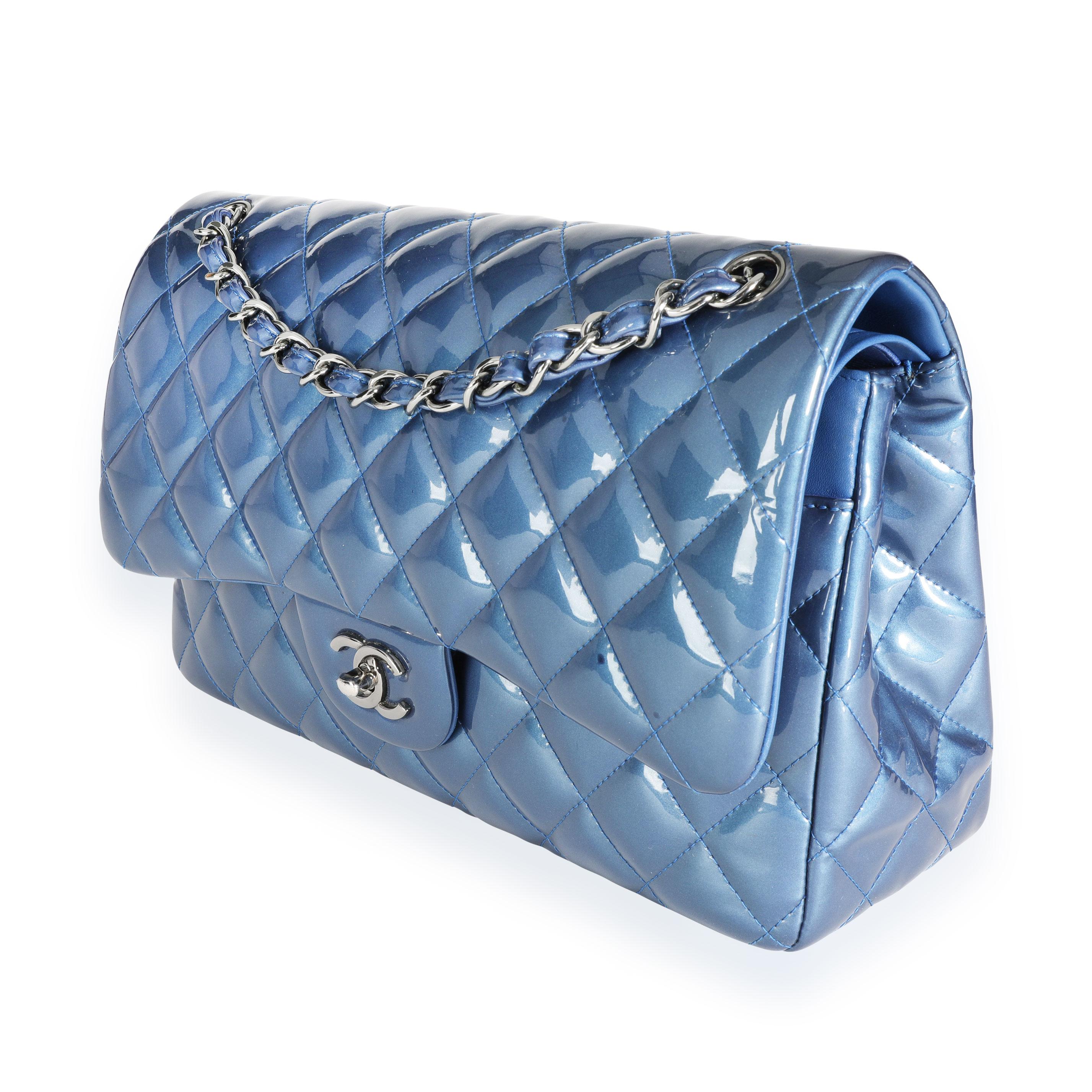 Chanel Blue Patent Leather Quilted Jumbo Classic Double Flap Bag 2