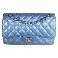 Chanel Blue Patent Leather Quilted Jumbo Classic Double Flap Bag