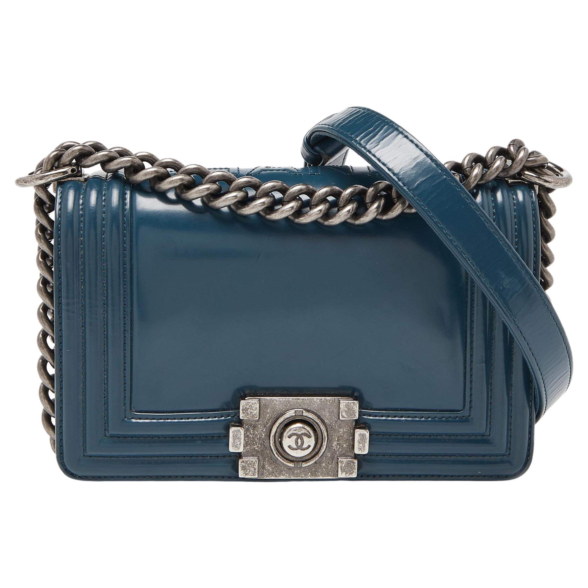 Chanel Blue Patent Leather Small Boy Bag For Sale at 1stDibs