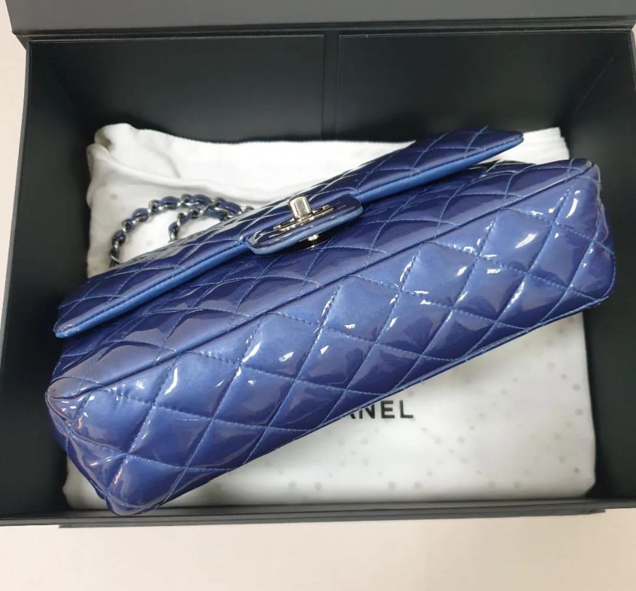 Women's Chanel Blue Patent Leather Timeless Classic Double Flap Bag