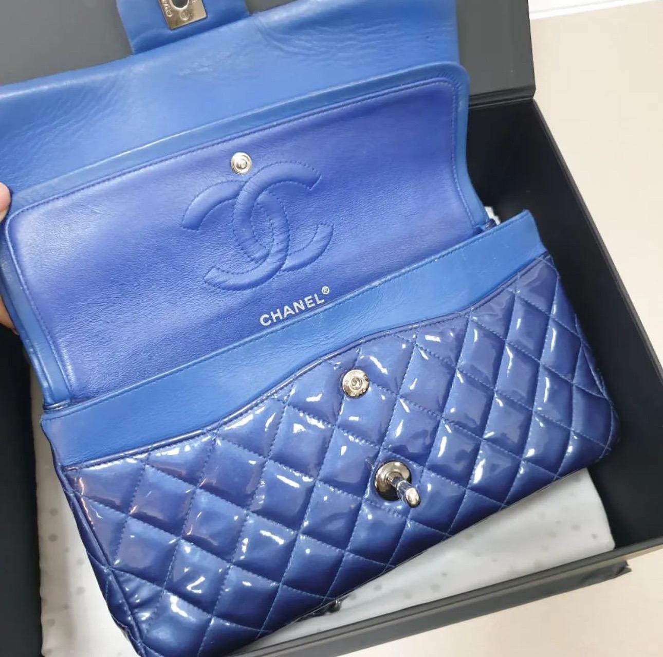 Chanel Blue Patent Leather Timeless Classic Double Flap Bag 1