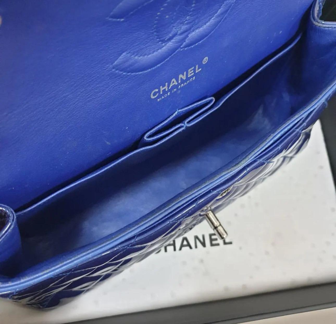 Chanel Blue Patent Leather Timeless Classic Double Flap Bag 2
